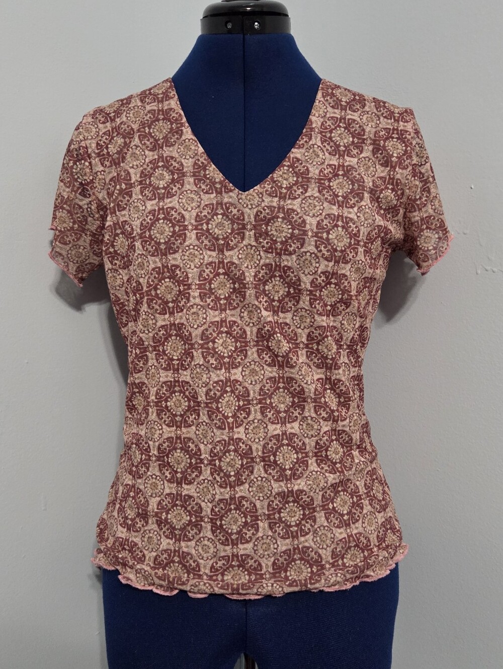 Y2K Pink Floral Mandala Micro Mesh Baby Tee Size M